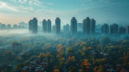 In this image, a clear blue sky overlaps with a dense urban area, highlighting the importance of preserving our environment. - obrazy, fototapety, plakaty