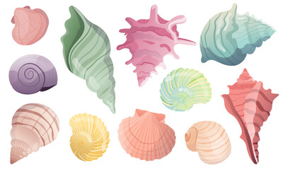 A beautiful assortment of seashells in soft pastel hues, perfectly rendered for marine-themed designs, educational materials, and beach decor.