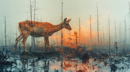 A double exposure of wildlife habitat loss overlaid with flourishing ecosystems calls attention to biodiversity preservation. - obrazy, fototapety, plakaty