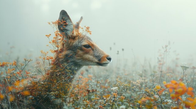 A double exposure of wildlife habitat loss overlaid with flourishing ecosystems calls attention to biodiversity preservation.