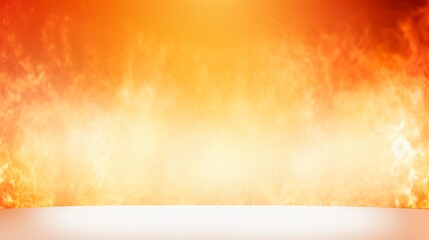 A bright orange background with flames and smoke