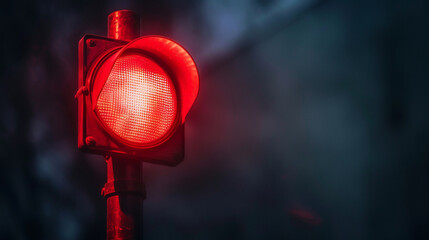 A red traffic light is lit up in the dark