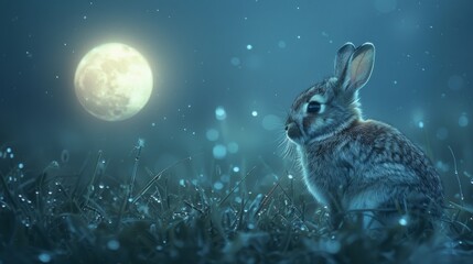 A wise rabbit gazes into the night, sitting peacefully in a moonlit meadow. Wisdom emanates from its eyes as it embraces the calmness of the night. - obrazy, fototapety, plakaty