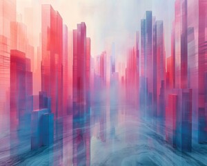 A harmonious balance of spirituality and modernity as skyscrapers feed on nutrients against a soft pastel backdrop, with minimalist design and ample negative space.