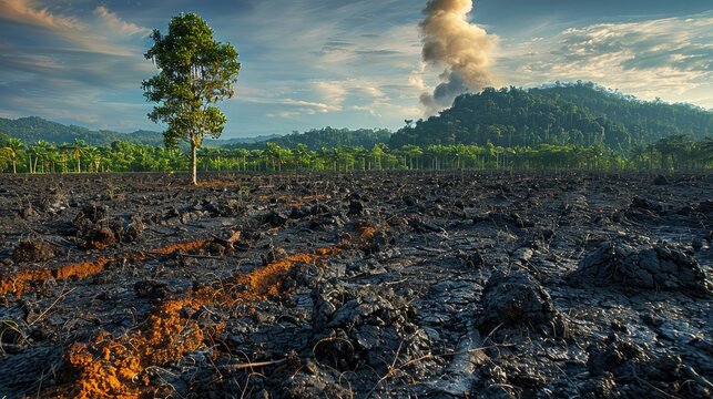 Here, deforestation is juxtaposed with images of afforestation projects, emphasizing the importance of tree planting.
