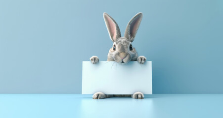 3 d grey rabbit holding a blank sign for advertisement  on blue studio background. Generative ai.
