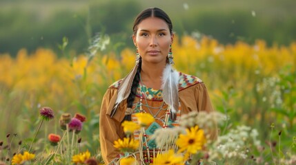 A Native American woman in a buckskin dress, adorned with feathers, stands proudly in a field of wildflowers