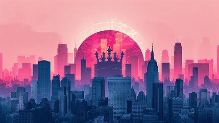 Abstract crown in retro hues emerges against a dawn skyline. Empowering and minimalistic, it stands out against a negative space background.