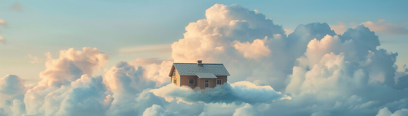 A house is floating in the clouds