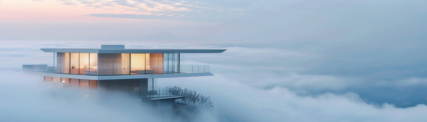 A white house is on top of a mountain with a foggy sky
