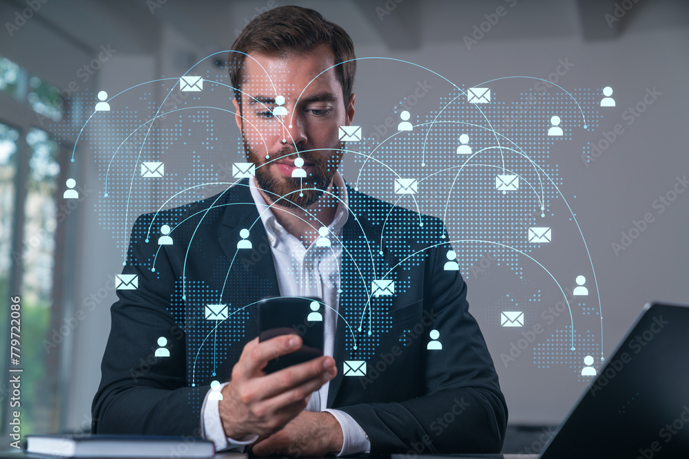 Poster smiling businessman talking holding using smartphone typing at office workplace with notebook. conce