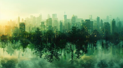 A double exposure of urban sprawl overlaid with green spaces and parks emphasizes the importance of preserving natural landscapes.