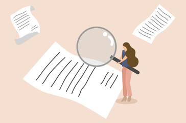 A businesswoman is working on paperwork vector, a woman is reviewing contract, woman’s checking on paper sheet vector, flat design of reviewing loan contract vector, checking on contract paper vector