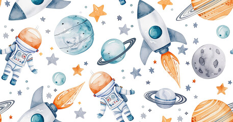 watercolor seamless pattern with space rocket, planets and astronaut. cute drawing for children, cartoon. - obrazy, fototapety, plakaty