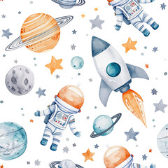 watercolor seamless pattern with space rocket, planets and astronaut. cute drawing for children, cartoon.
