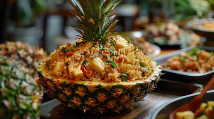 Flavorful Thai Pineapple Fried Rice Served in a Carved Pineapple Shell with Vibrant Garnishes for an Authentic Tropical Dining Experience