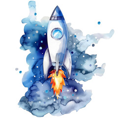watercolor drawing, space rocket. cute drawing for children, cartoon