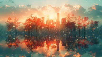 A double exposure of urban heat islands overlaid with images of urban forestry highlights the importance of mitigating heat and promoting urban greenery. - obrazy, fototapety, plakaty