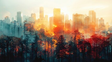 A double exposure of urban heat islands overlaid with images of urban forestry highlights the importance of mitigating heat and promoting urban greenery. - obrazy, fototapety, plakaty