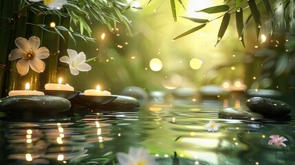 Meditation bamboo background with flowers and stones and water and candles. Generative AI.