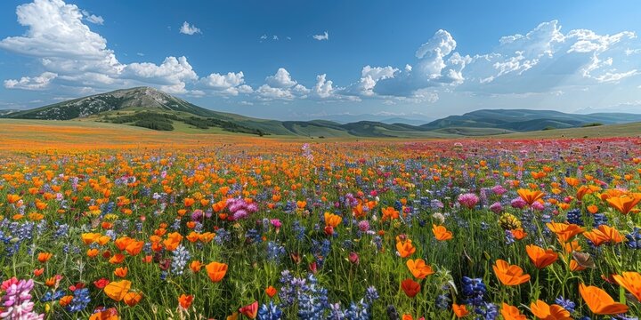 A mesmerizing panorama of vibrant wildflowers carpeting a rolling countryside under a vast expanse of azure sky painted with cotton candy clouds.