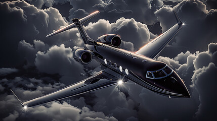 luxury black and gold private jet flying over the city at night, millionaire lifestyle - obrazy, fototapety, plakaty