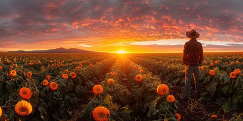 A breathtaking panorama of vibrant orange pumpkin fields stretching towards a horizon adorned with fiery sunsets, painting the sky with hues of crimson, gold, and amber.