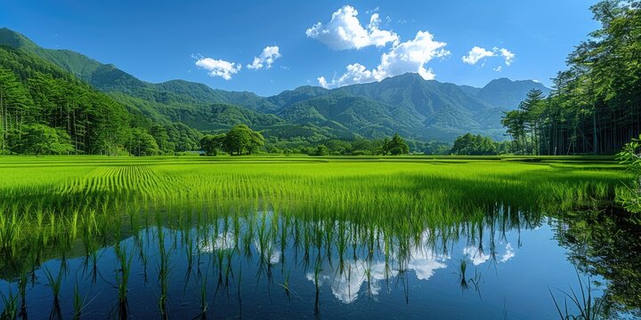 A mesmerizing panorama of lush green rice paddies reflecting the cerulean sky above, creating a mesmerizing mirror image of the heavens on earth.
