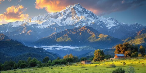 A majestic panorama of snow-capped mountains rising above a vast expanse of emerald green fields, bathed in the soft glow of the rising sun against a pastel-colored sky.