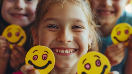 A young girl is holding up a yellow smiley face sticker with a pink eye - obrazy, fototapety, plakaty
