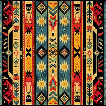 Authentic Native Indian textile pattern, with complex symbols and vibrant colors representing tribal heritage and stories ar 54