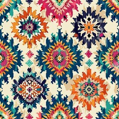 Fototapeta na wymiar Cream backdrop with vibrant flower embroidery, ikat and cross stitch geometric patterns, seamless ethnic oriental traditional Aztec illustration ar 52