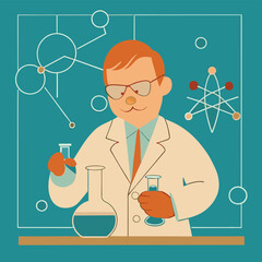 A man in his laboratory working with typical glass laboratory implements, Test tubes, beakers, pipettes, Flasks, Graduated Cylinders, Mortar and Pestle, Test Tube Holder, Test Tube Rack, Spatula, Ther