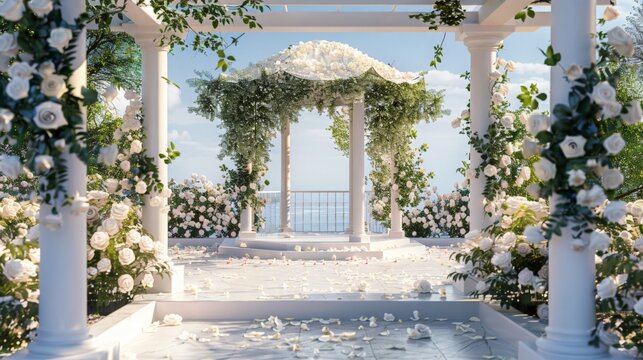 a proposal happening on White Day. The scene is set in a beautiful white gazebo, with white roses scattered around