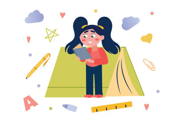 Reading concept with people scene in flat cartoon design. The girl in the illustration has an interested look while reading a fascinating book. Vector illustration.