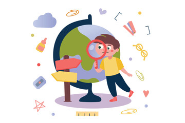 Geography concept with people scene in flat cartoon design. In this fun illustration, a schoolboy examines a globe and studies geography. Vector illustration.