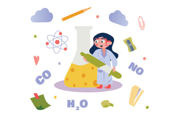 Laboratory concept with people scene in flat cartoon design. In this illustration, a schoolgirl is studying by doing chemical experiments in a laboratory. Vector illustration.