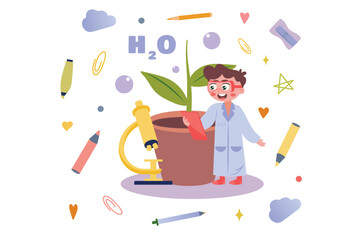 Fototapeta premium Biology concept with people scene in flat cartoon design. A young scientist observes the development of a plant, thus studying biology. Vector illustration.
