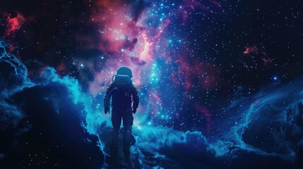 Astronaut Exploring the Vibrant Cosmic Nebula in Outer Space - obrazy, fototapety, plakaty