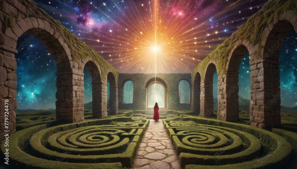 Poster a mystical scene capturing a figure in red traversing a labyrinth within ancient stone arches under 