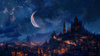 Dreamy night scene with moon and detailed cityscape - Ai generated