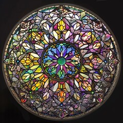 Stained glass rose window, intricate lattice design with a spectrum of colors, symbolizing unity and harmony ar 32