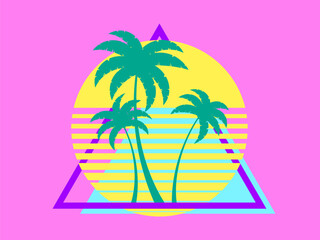 Fototapeta na wymiar Retro futuristic sunset with palm trees and triangle in 80s style. Sci-fi palm trees at sunset in synthwave and retrowave style. Design for print, banners and posters. Vector illustration