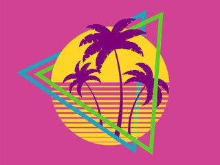 80s retro sci-fi palm trees on a sunset in triangular frame. Retro futuristic sun with palm trees. Synthwave and retrowave style. Design for advertising banners and posters. Vector illustration
