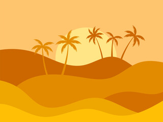 Desert landscape with palm trees and sand dunes. Silhouettes of palm trees at sunrise in the desert. Wavy landscape with sand dunes. Design for print, banners and posters. Vector illustration - obrazy, fototapety, plakaty