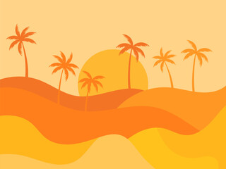 Fototapeta na wymiar Desert landscape with palm trees and sand dunes. Silhouettes of palm trees at sunrise in the desert. Wavy landscape with sand dunes. Design for print, banners and posters. Vector illustration