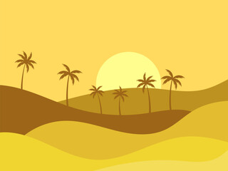 Fototapeta na wymiar Desert landscape with palm trees and sand dunes. Silhouettes of palm trees at sunrise in the desert. Wavy landscape with sand dunes. Design for print, banners and posters. Vector illustration