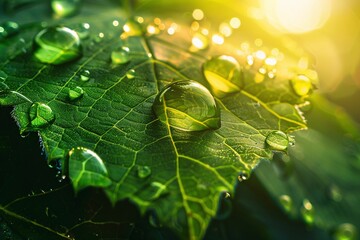 Grünes Blatt mit Wassertropfen und Sonnenschein nach Regen im Sommer