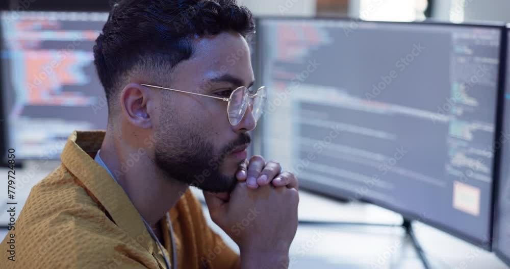 Poster Man, code or screen in it, cybersecurity or data in digital, blockchain or glitch in software update. Tech, computer or programming of nft, cloud computing or app in corporate, developer or password