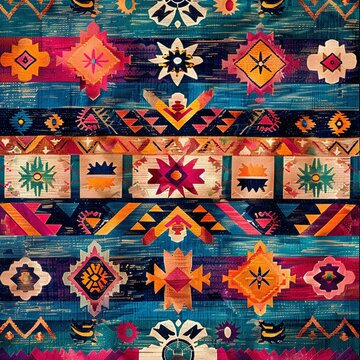 Vibrant Native Indian textile background, showcasing colorful tribal motifs and symbols in a detailed, handwoven look ar 43